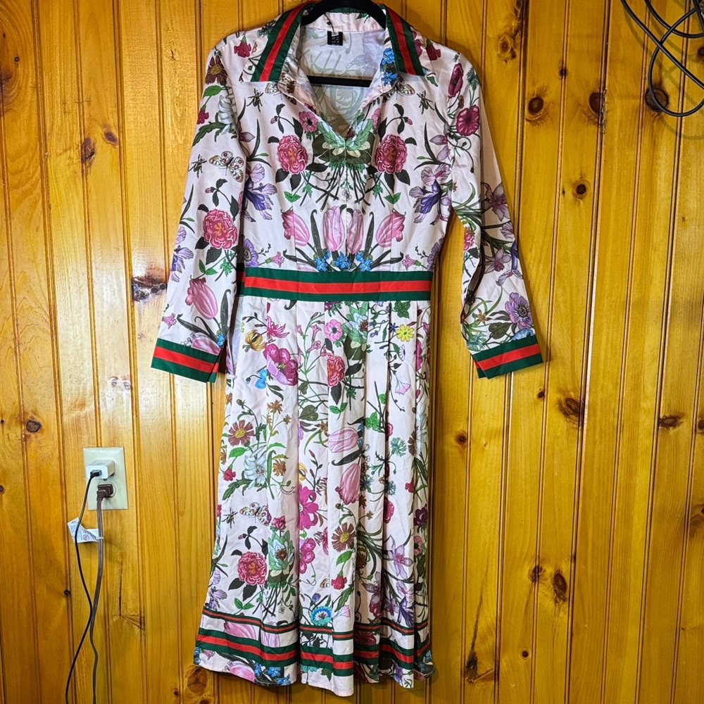 Floral Long Sleeve Midi Dress with Green-Red Trim
